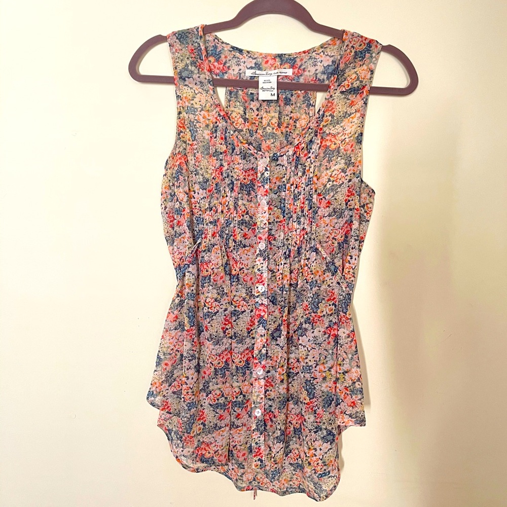 American Rag Cie Pleated Sheer Floral Tunic,Size M